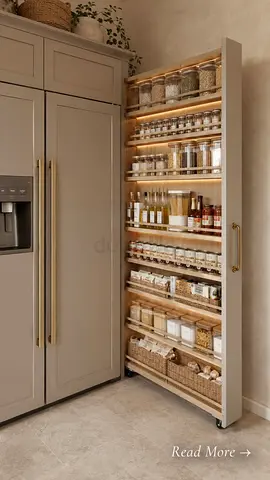 Slim Pull-Out Pantry Cabinet with Multiple Shelves (Beige) - Excellent Condition