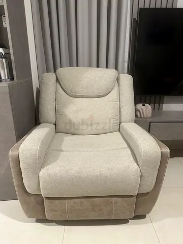 Comfortable single recliner / lazy boy beige fabric recliner chair with leather on the outside