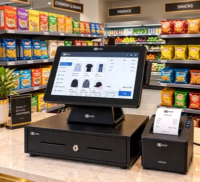 NCR Retail POS System with Cash Drawer & Receipt Printer - Good Condition