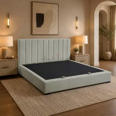 Modern Upholstered Platform Bed Frame with Vertical Slatted Headboard