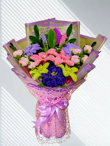 Handmade Fabric Flower Bouquet in Pastel Pink & Purple Wrap