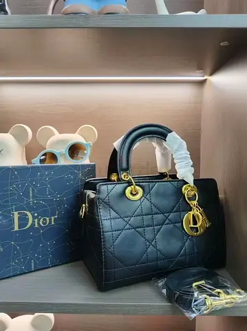 Black Lady Dior Mini Cannage Leather Handbag with Gold Hardware