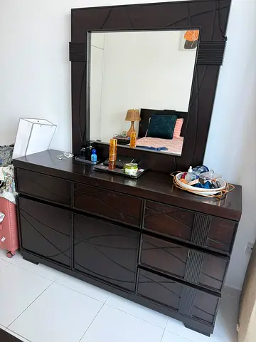 Dark Wood Dresser with Large Square Mirror