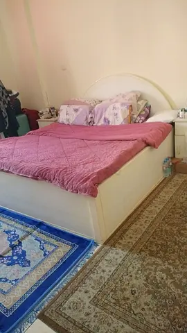 White King Size Bed Frame with Arched Headboard + 2 nightstands + makeup table with mirror