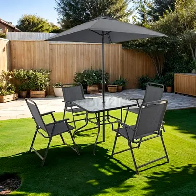 6pc Folding Outdoor Patio Dining Set with Umbrella 4 Chairs, Tempered Glass Table, Sling Chairs