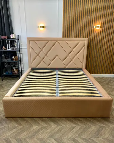 Queen size upholstered bed frame with geometric headboard - beige