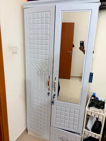 White Wardrobe with Full-Length Mirror and Gold Handles