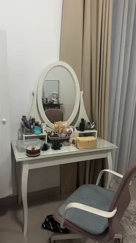 White Dressing Table with Oval Mirror + chair