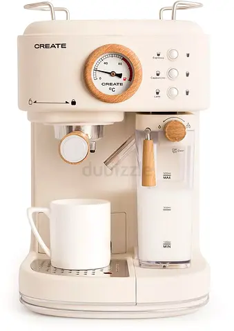 CREATE THERA MATT PRO Semi-Automatic Espresso Machine 20 Bar, Milk Frother, 1.5L Tank, Beige