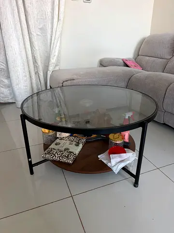 Round Glass Coffee Table with Lower Wooden Shelf — Good Condition