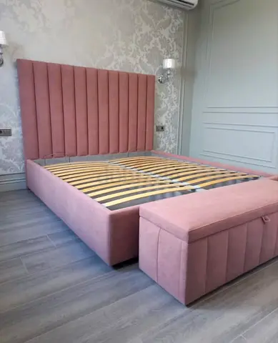King Size Velvet Bed Frame with Storage Bench - Blush Pink