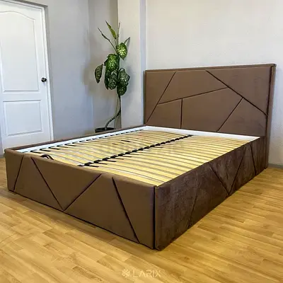 Brown Upholstered Double Bed Frame with Headboard and Slats