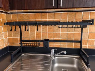 Over-sink Black Metal Kitchen Rack with Hooks and Baskets