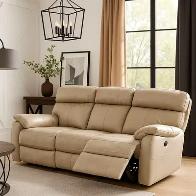 Beige 3-Seater Leather Reclining Sofa - Good Condition