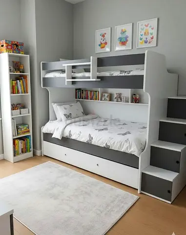 Modern Bunk Bed with Storage Stairs and Integrated Shelving