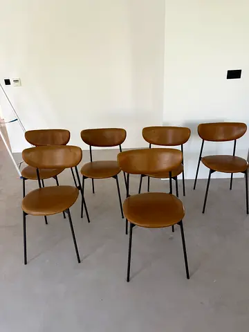 Set of 6 West Elm Brown Dining Chairs with Metal Legs