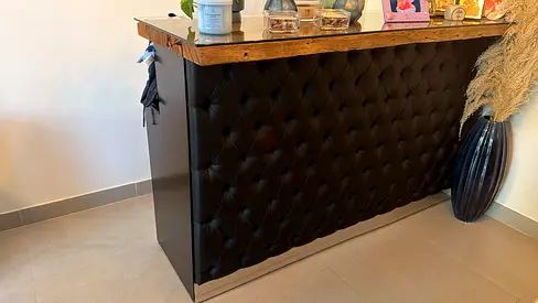 Handmade tufted leather bar counter with wooden top