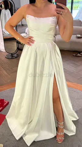 Strapless White Satin Bridal Gown with High Thigh Slit - And a veil, size 44