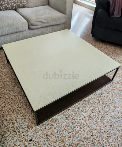 Low modern square coffee table with storage shelf - cream top - 100×100×28