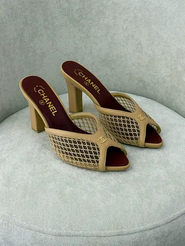 Chanel Beige Mesh Open-Toe Heels, Size Not Specified