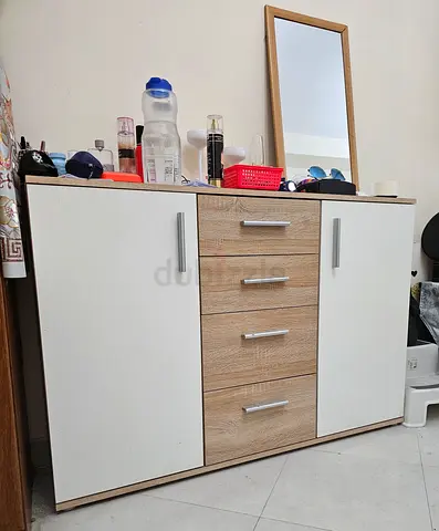 Chest of Drawers with Two Cabinets and Mirror - Light Wood & White