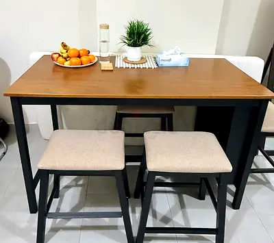 Premium Wooden dining table with 4 cushioned stools - good condition