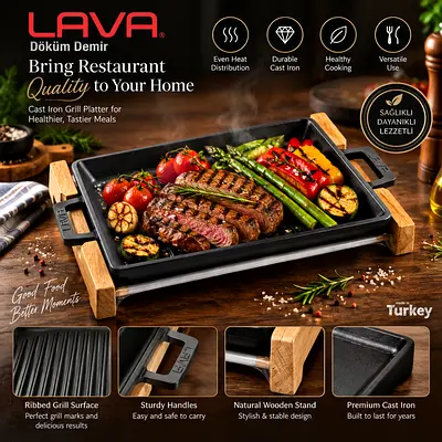 Lava Cast Iron Ribbed Grill Platter with Wooden Stand