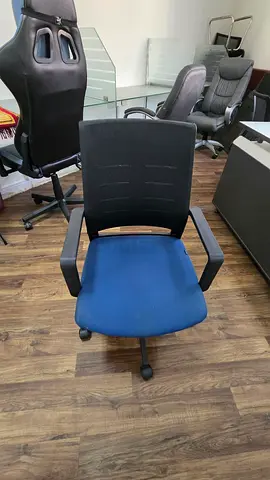 Used Office Swivel Chair with Armrests - Blue Seat, Black Mesh Back
