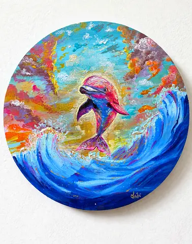 Original Dolphin Painting 30cm Round Canvas - Hand Painted Ocean Art Home Decor