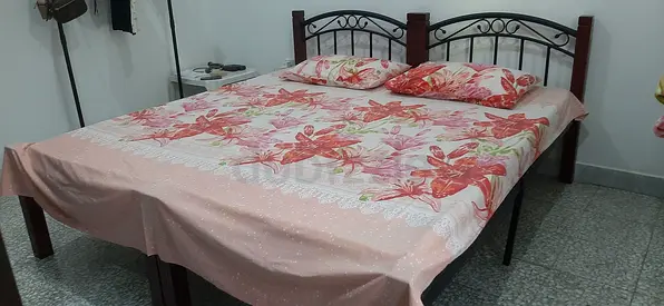 Wooden Frame 2 single Bed with Floral Mattress and Pillows