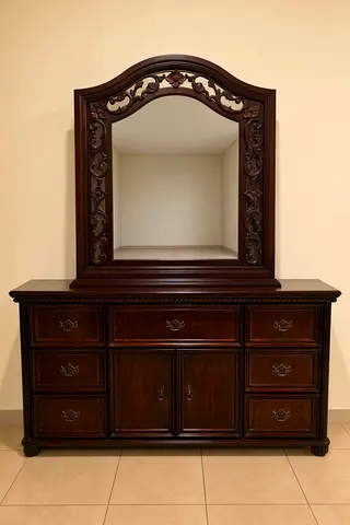 Solid Dark Wood Dresser with Ornate Mirror - Excellent Condition