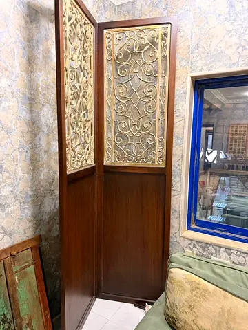 Wooden Room Divider Screen with Carved Panels