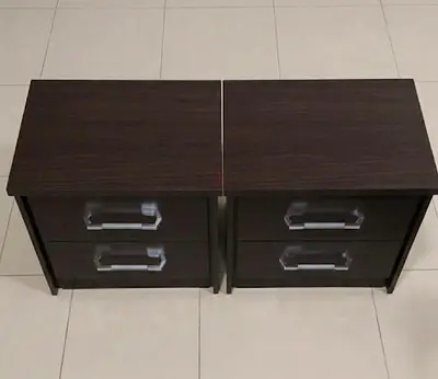 Pair of Dark Wood Bedside Nightstands with Two Drawers Each