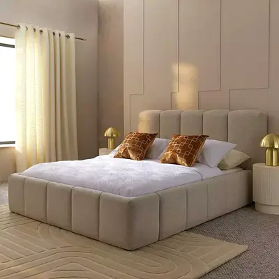 Modern Upholstered Beige Bed with Channel Tufting