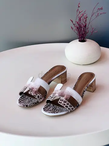 White Croc-Print Block Heel Slide Sandals, Size Unknown