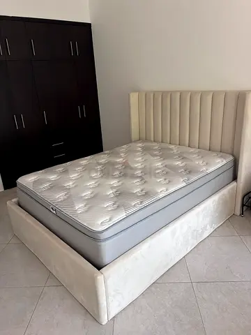 Queen size upholstered bed frame with mattress and storage - light beige