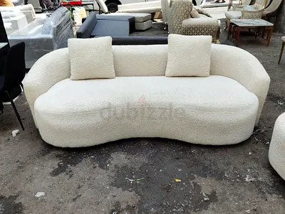 Curved Bouclé 3-Seater Sofa with Two Cushions - Cream