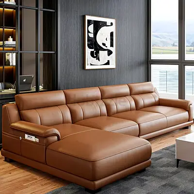 Large Brown Leather L-Shaped Corner Sofa with Chaise