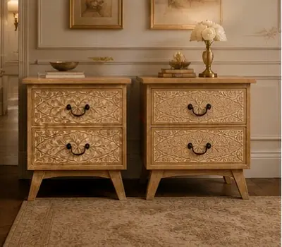 Pair of carved wooden bedside tables / nightstands - beige/gold finish