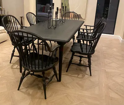 Marina home black wooden table with 6 seats. Size :220.100 cm price 1500