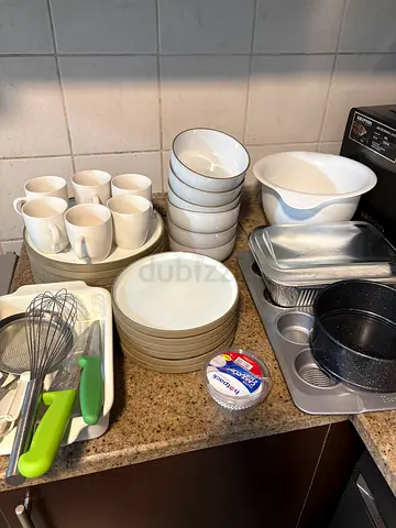 Kitchen dinnerware set: plates, bowls, mugs and baking tins, trays and all essentials, top quality