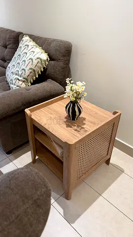 Solid Wood Side Table with Rattan Panels - Light Oak Finish