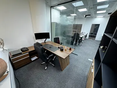 Full office Desk + main chair + 2 cabinets + 2 guest chairs + guest table