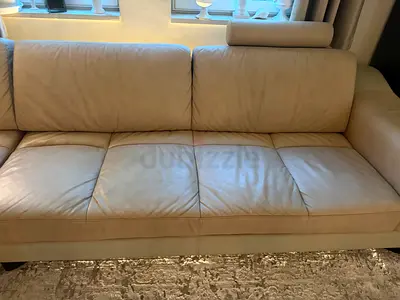Beige italian leather 3-seater sofa with headrests,genuine leather