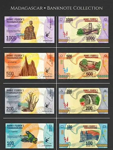 Banknote Madagascar 🇲🇬 1000,500,200,100 Malagasy Ariary