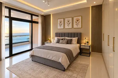 Modern upholstered queen bed with bedside tables and wardrobe (set)