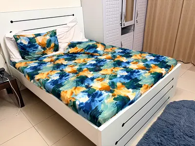 White wooden single bed with mattress and some colorful duvet and doctor mattress- good condition