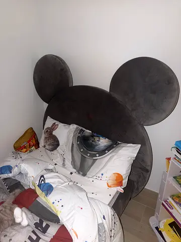 Kids Mickey-style upholstered single bed — grey plush headboard , Brand new — **never used at all\!*