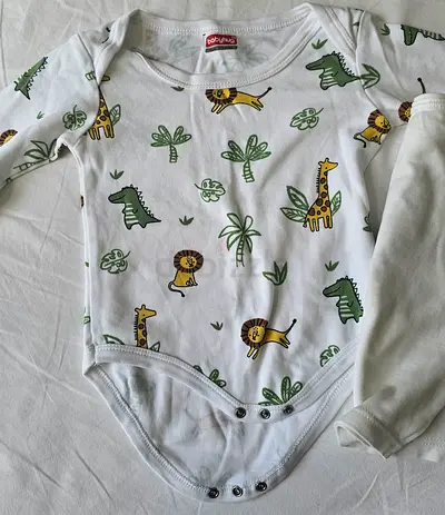 White long-sleeve baby bodysuit with animal print - size small and a t-shirt