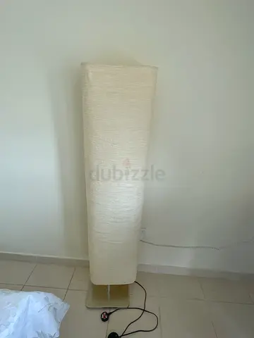IKEA-style tall cylindrical floor lamp, beige fabric shade, working condition